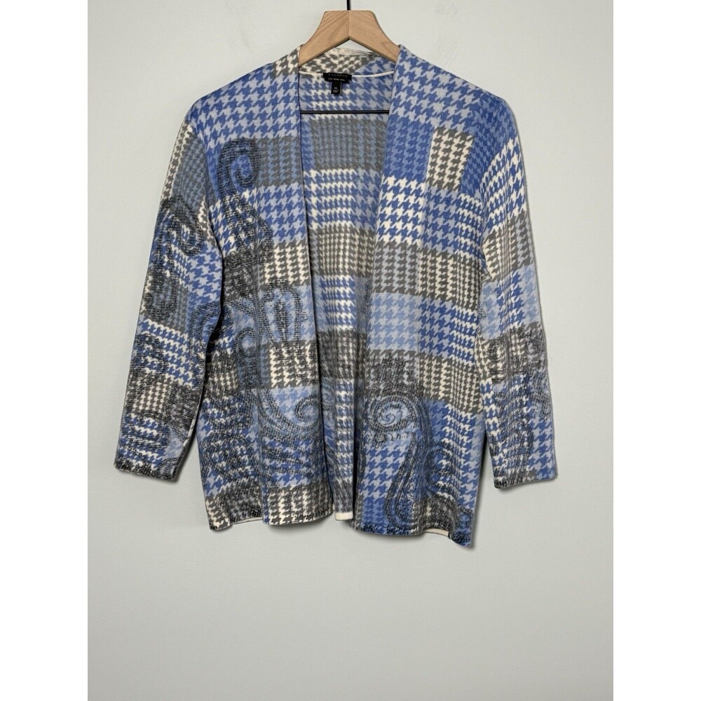 Talbots Cardigan Pure Merino Wool Blue Gray Houndstooth Open Sweater Women's XL
